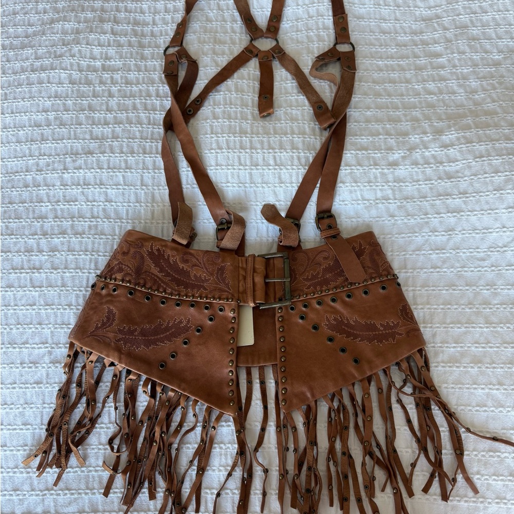 Haute Hippie Brown Leather Fringe Studded Waist Belt - Picture 5 of 6
